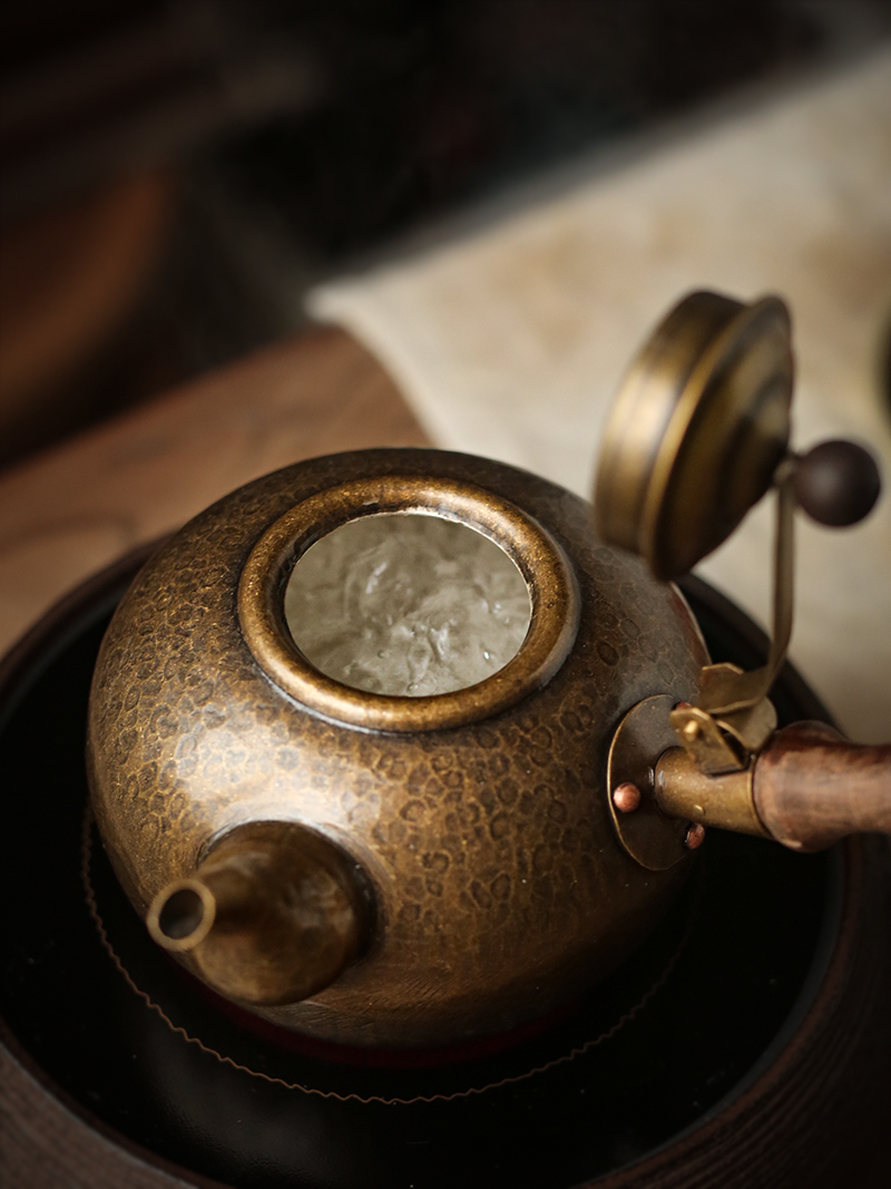 名媛时代手工锻打锤目纹侧把铜壶 炭炉黄铜烧水壶 电陶炉煮茶器 紫铜