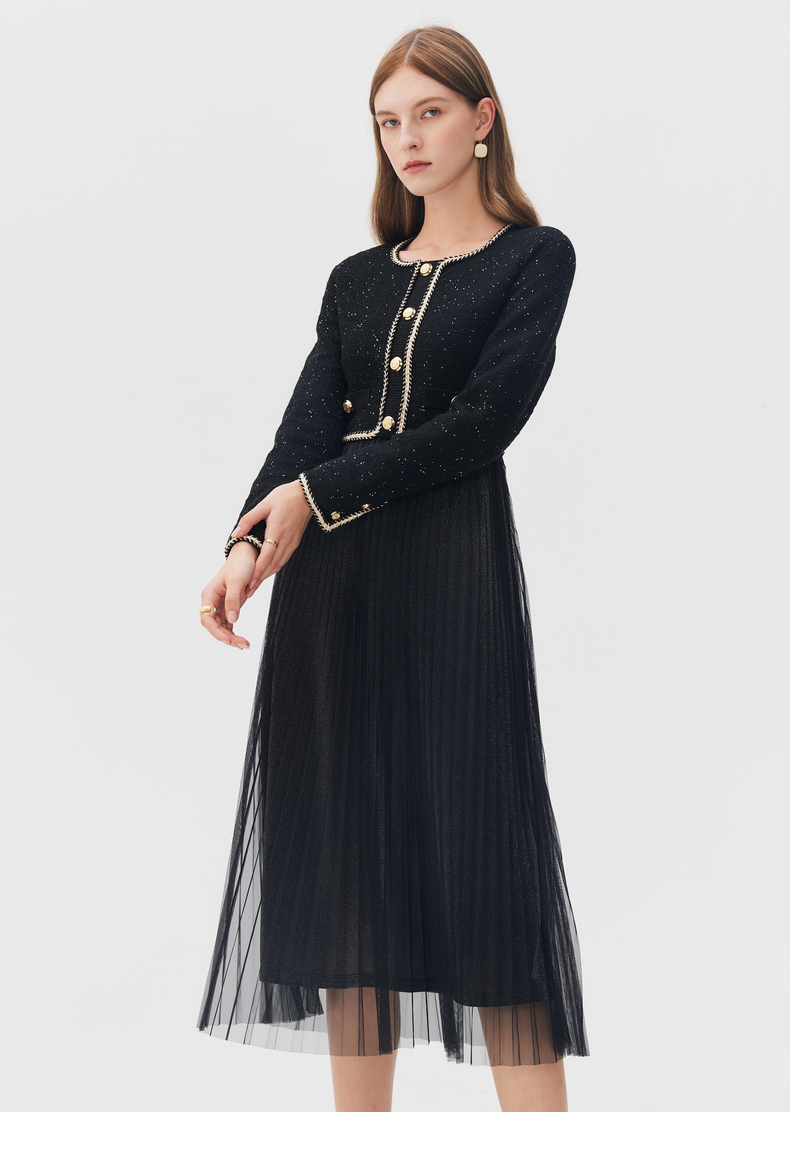 scofield女装2022年秋季新款方领小香风百褶假两件连衣裙小黑裙黑色