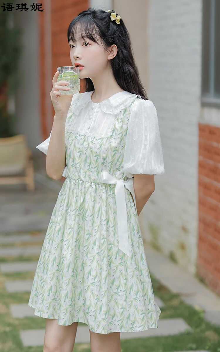 少女生夏季2022新款初中生高中生大学生甜美碎花公主裙子花色假两件l