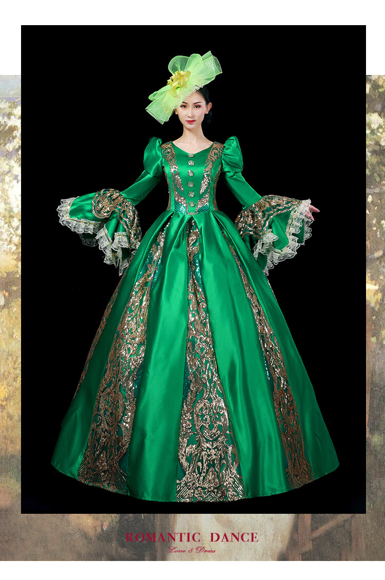 欧洲中世纪宫廷礼服女古典风洋装演出舞台装复古欧式贵族晚裙 绿色