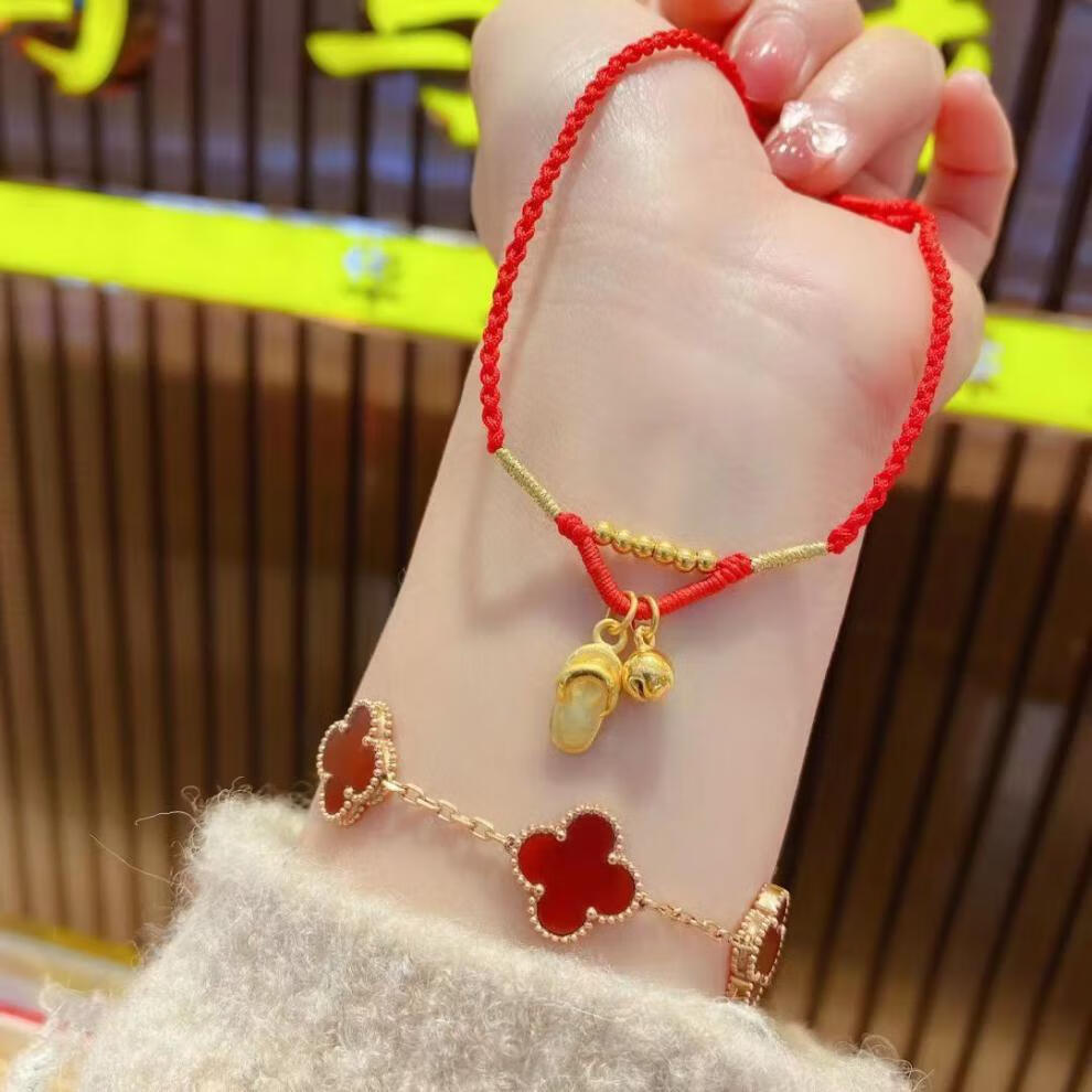翠玉亭 黄金脚链足金999字福吊牌脚饰黄金本命年转运珠硬金编织红绳
