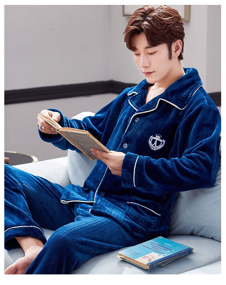 ck 冬季睡衣男珊瑚绒加厚加绒男士开衫法兰绒秋冬款家居服春秋套装