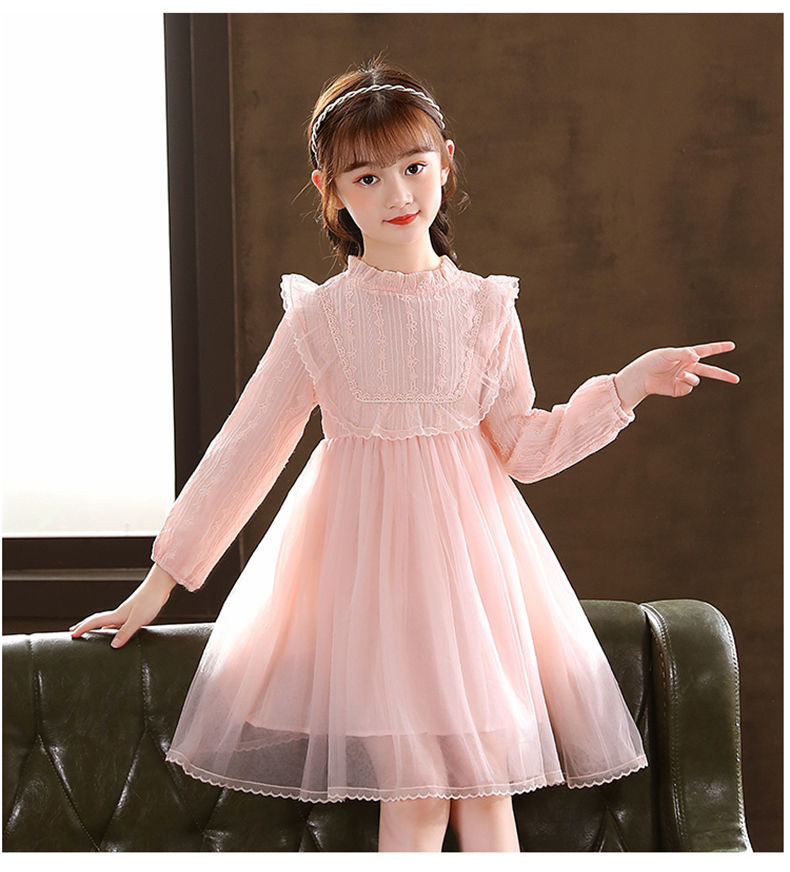 果画3-14岁小女孩穿的长袖白纱裙女童礼服裙花童公主裙蓬蓬纱儿童婚纱