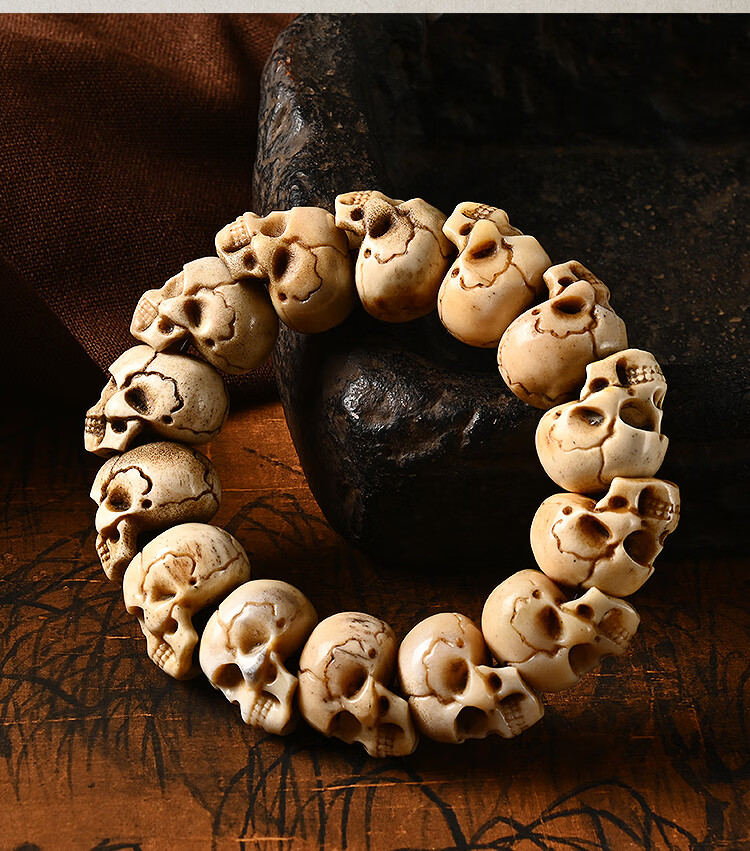 歌盼 天然老料鹿角盘雕刻骷髅头手串 鹿角尸陀林佛珠女男款手链饰品