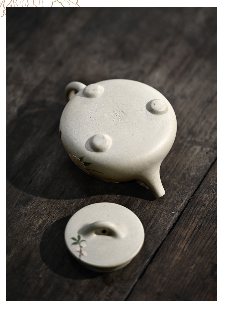 两笔宜兴原矿紫砂壶饶青传统手工泡茶壶象牙白段牡丹石瓢240cc