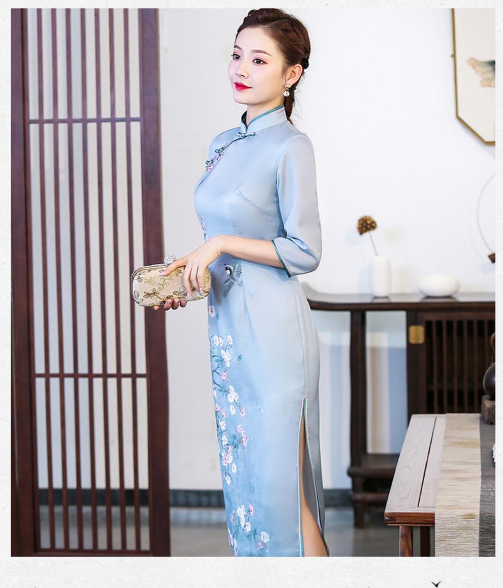 秀观唐花络2019秋装新款女改良定位印花七分袖古典中长款旗袍裙 蓝色