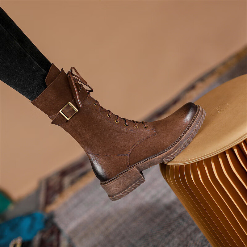 tatasma他她丝曼女鞋复古皮靴棕色圆头短靴系带中跟及踝靴马丁靴