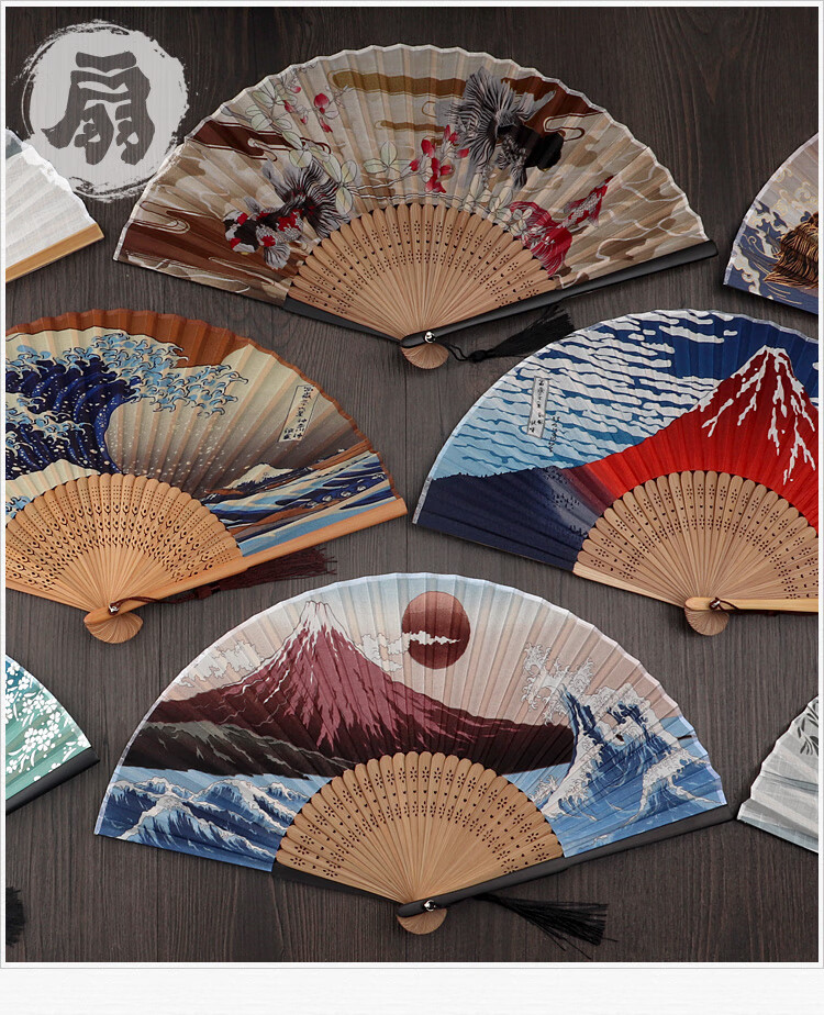 曲和 日式折扇神奈川日本扇子和风扇形布面江户日式男女摆件礼品林扇