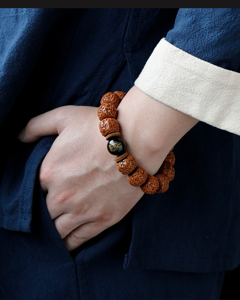 手串男收藏龙鳞纹金刚菩提生日礼物黑曜石本命佛六字真言运转文玩手链