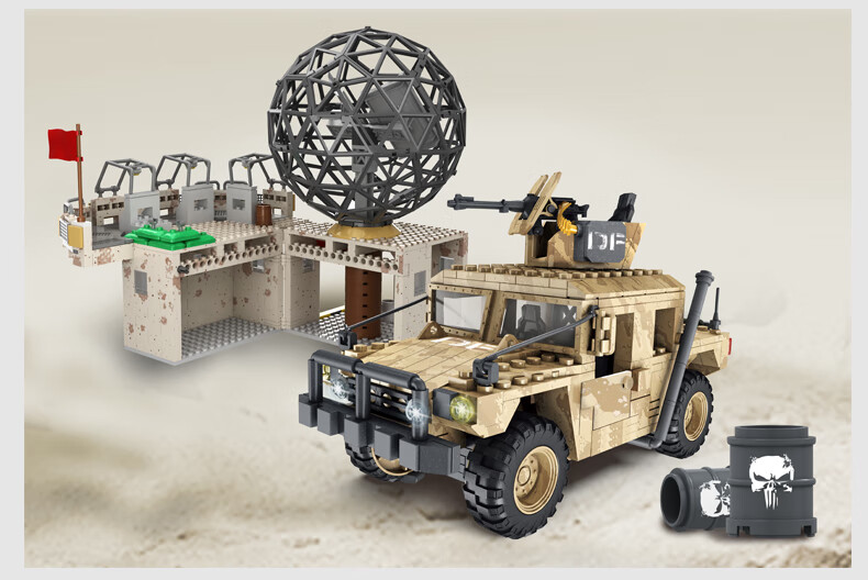 乐高沙漠悍马积木军事基地二战场景碉堡珍宝据点防守男孩拼装玩 