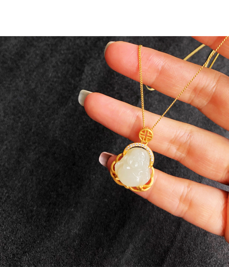 和田玉吊坠玉佛项链女足银弥勒佛公金镶玉石镶嵌大肚佛妈妈礼物南红