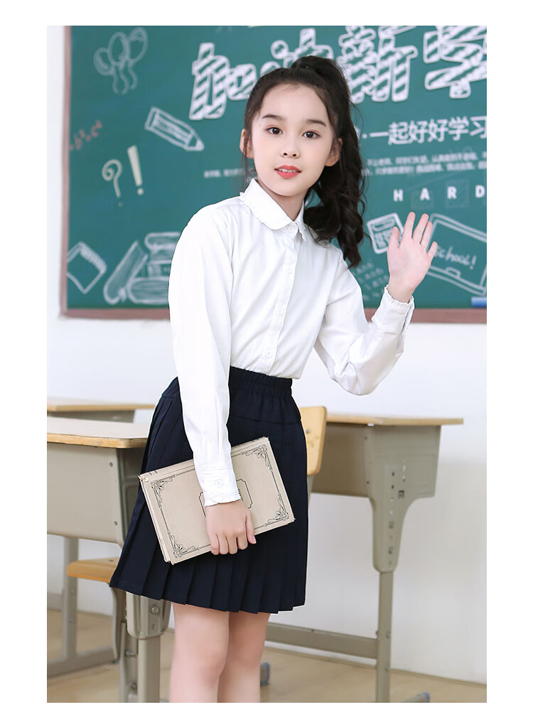 儿童白衬衫长袖纯棉衬衣男女孩春秋款小学生蓝粉色校园风jk服装 白色