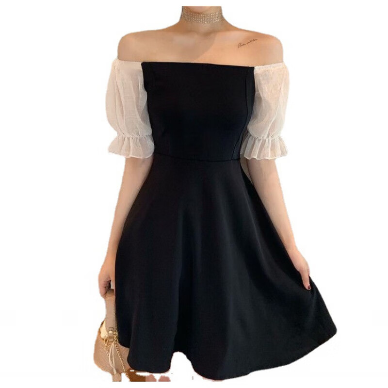 连衣裙女新款夏季2022法式露肩一字领性感女收腰修身显瘦泡泡袖裙子酒