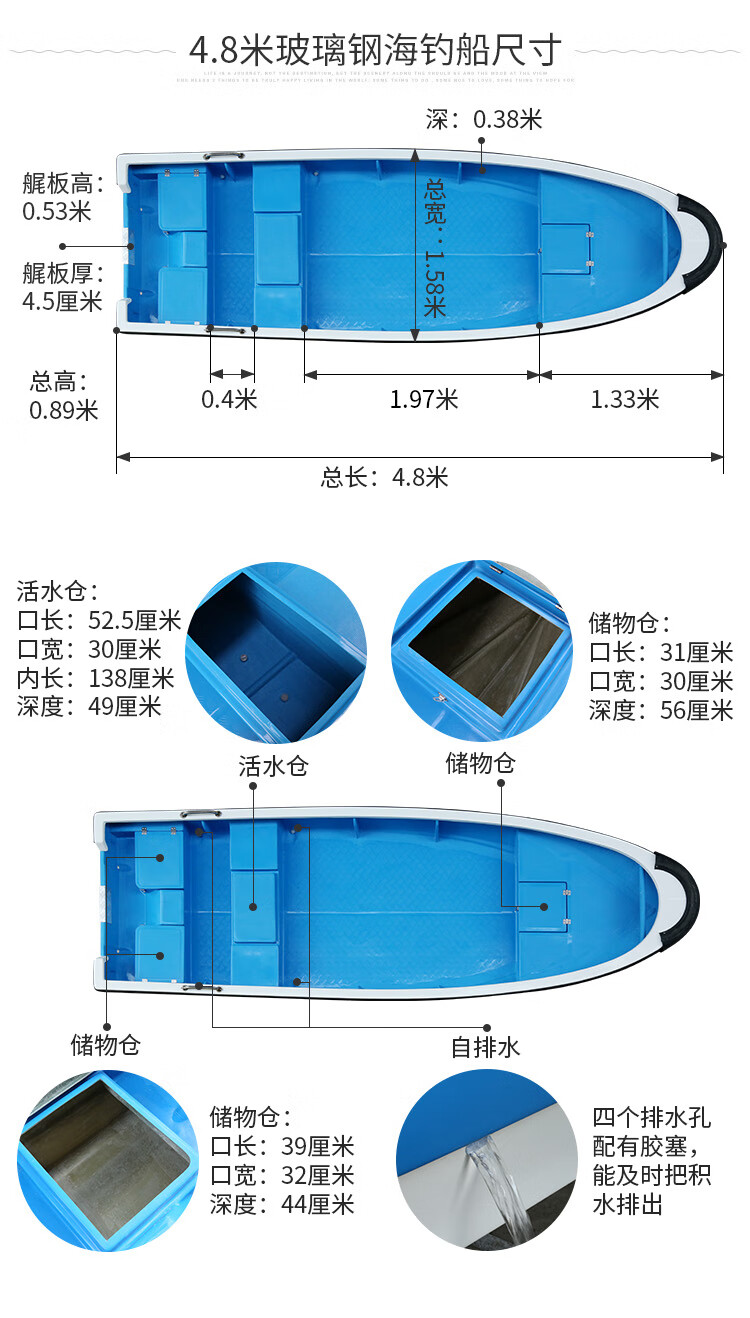 泊狮东玻璃钢海钓船 渔船捕鱼船 自排水快艇高速艇 抗浪路亚钓鱼艇 6.