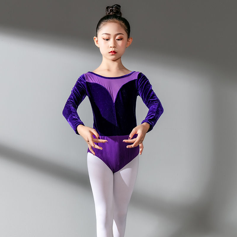 蔓娇绮儿童舞蹈服女儿童金丝绒拼接连体紧身考级女孩新款表演练功服
