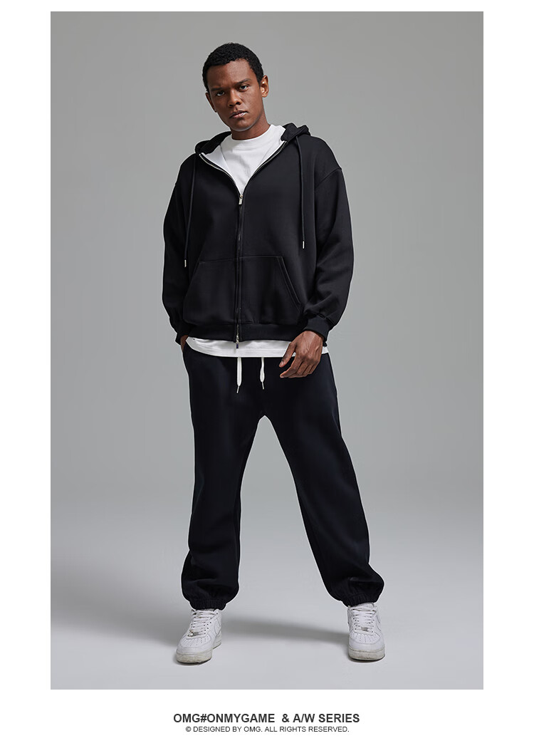 omg潮牌纯色秋冬连帽拉链运动卫衣运动套装男士休闲开衫夹克外套黑色
