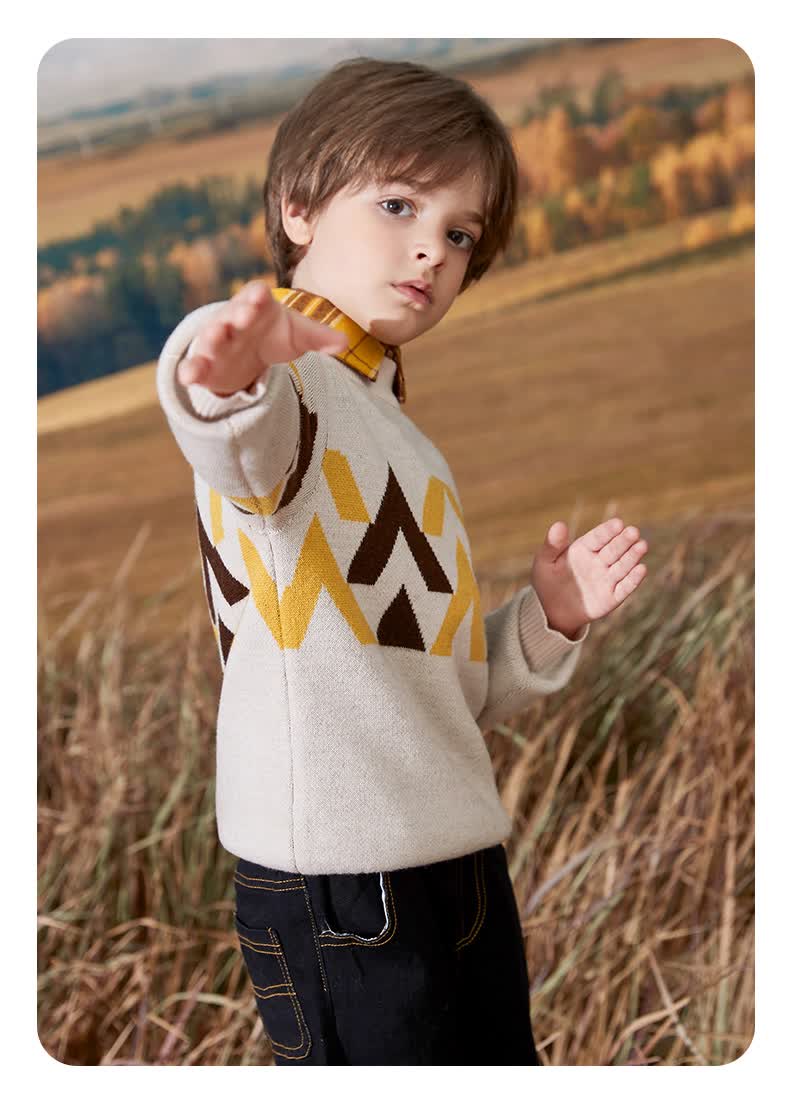 恒源祥儿童羊毛衫圆领套头厚款冬季男童针织衫纯羊毛10岁男孩毛衣深灰