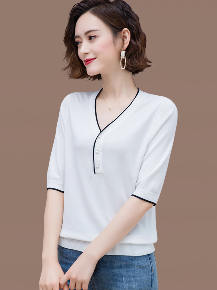 特价捡漏恒源祥22年鸡心领v领夏季薄款女士中年丅t恤冰丝针织衫短袖