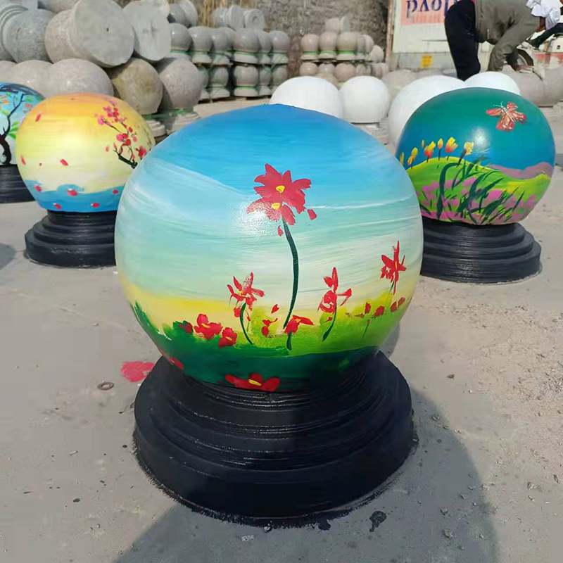 雷澎花岗岩石球挡车路障彩绘圆球大理石石墩子天然车挡石芝麻灰车止石