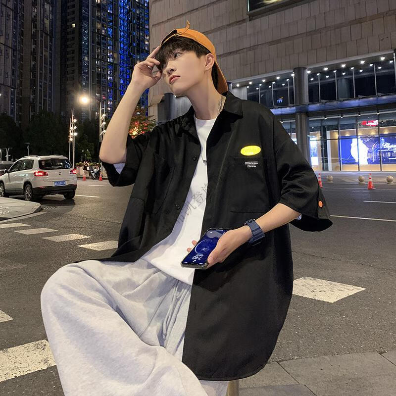 步希凯登男生穿搭套装夏季潮流衣服男港风日系潮牌痞帅短袖衬衫一套