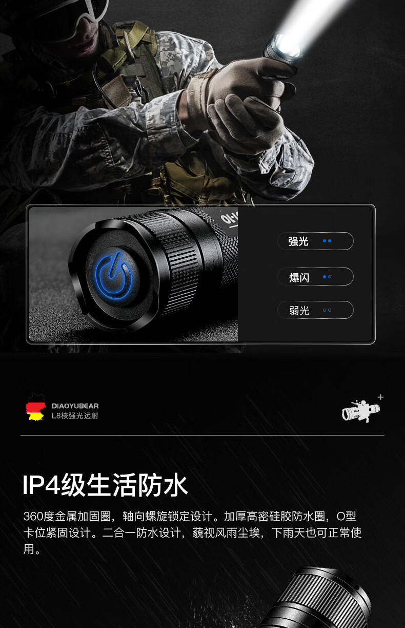 沃尔森顶点德国钓鱼熊强光超亮远射手电筒黑科技充电户外大功率小型夜