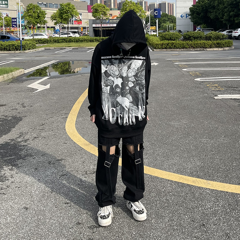 黑白述欧美复古高街嘻哈人物3m印花连帽卫衣男美式街头hiphop嘻哈秋款