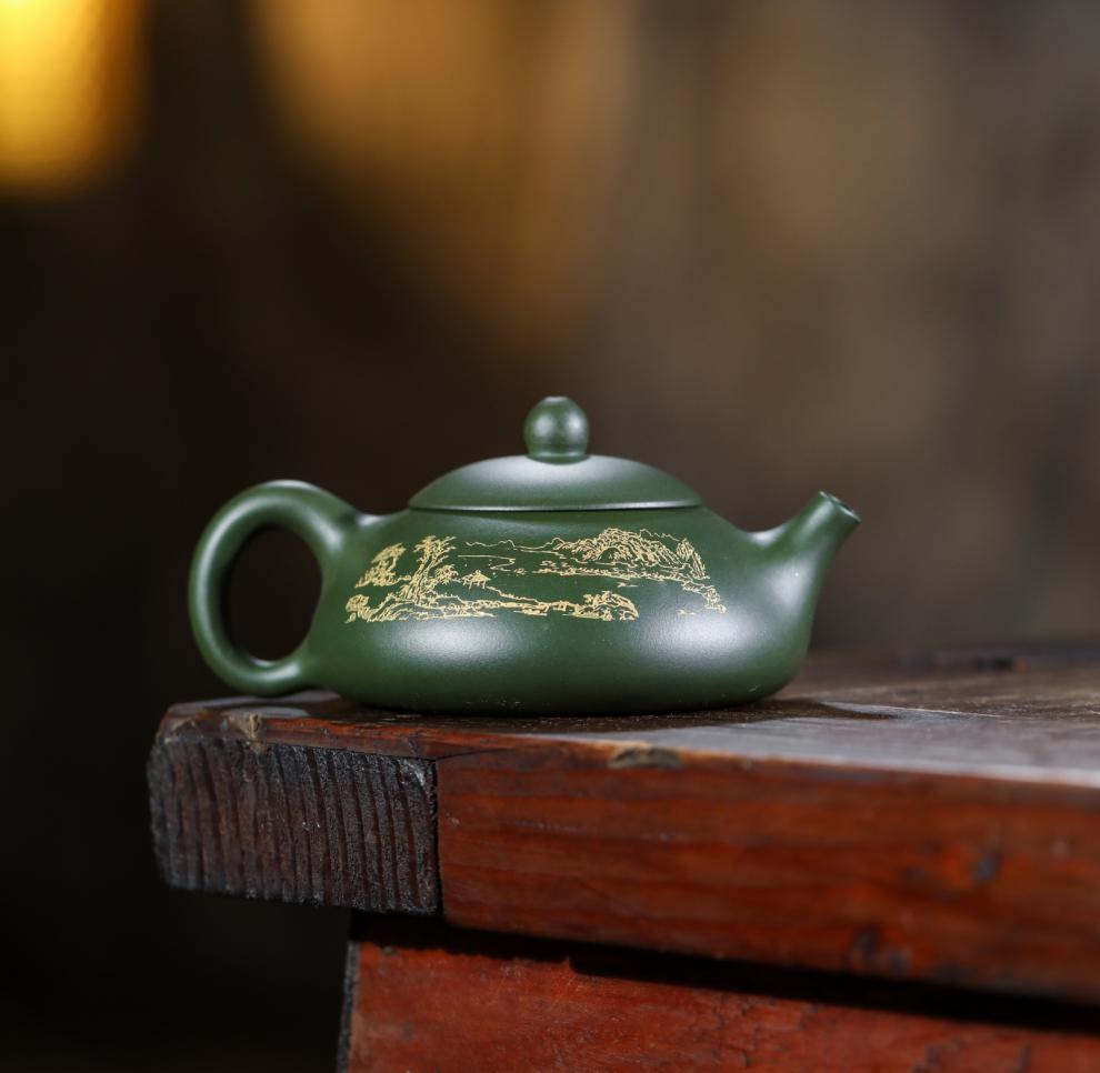 古昔紫砂 绿泥 宜兴原矿墨绿泥手工紫砂壶 球孔内壁章茶壶 民国绿泥