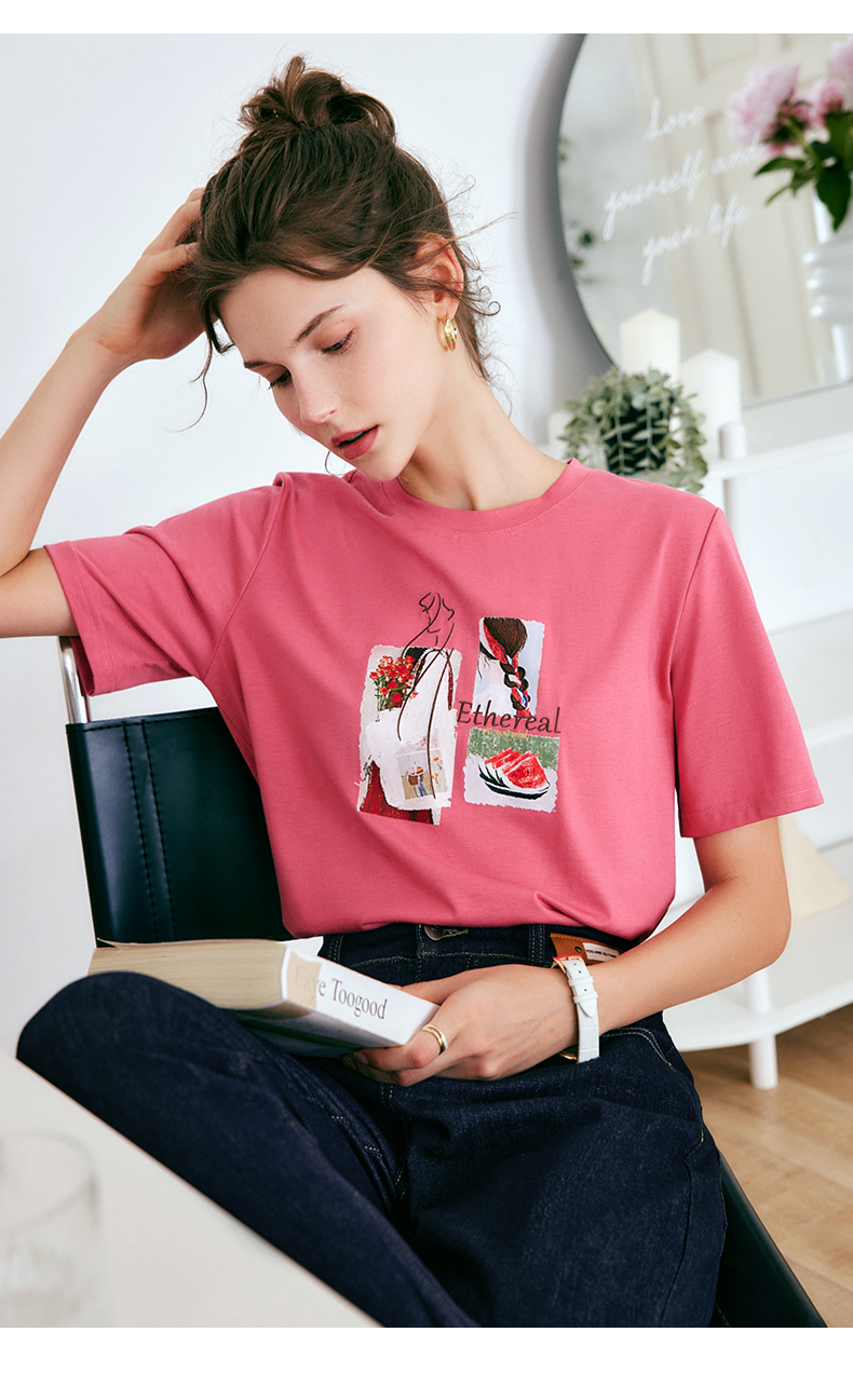 欧芮儿玫红色t恤女夏季2022年新款时尚宽松显瘦薄款圆领短袖上衣玫