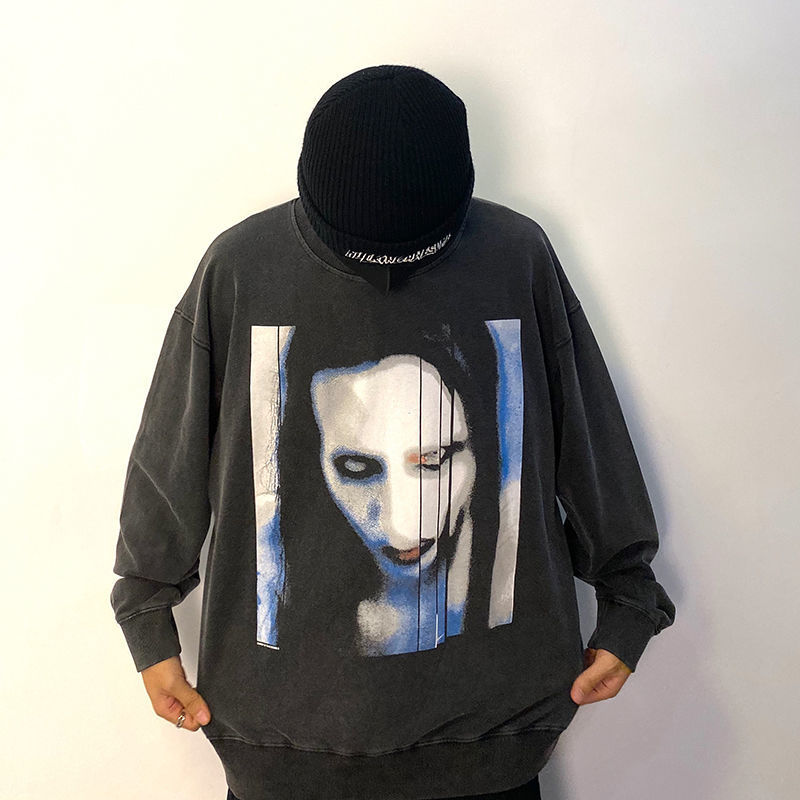 歌鹏玛丽莲曼森卫衣美潮vibe风高街黑色vintage圆领卫衣vtg黑色不是