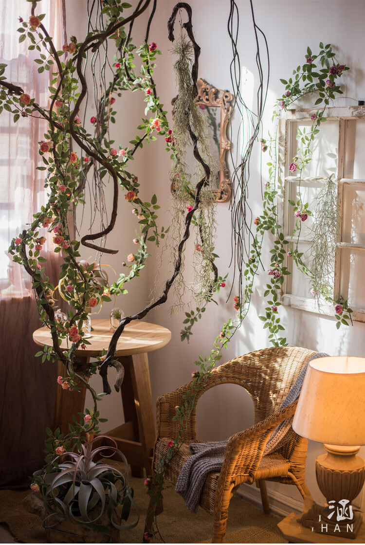 缠绕玫瑰藤蔓 藤月蔷薇 墙面垂吊花艺造景装 仿真花藤k 安格斯缠绕