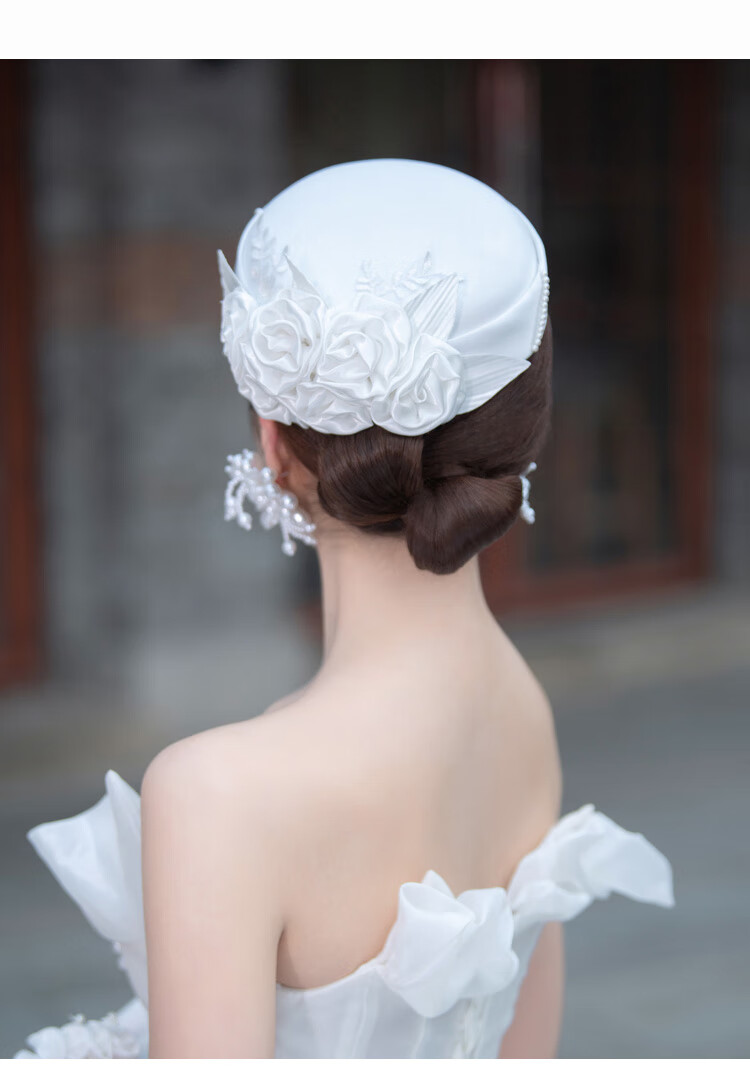 法式优雅英伦复古赫本贝雷小礼帽女白色玫瑰婚纱礼服新娘帽子饰品