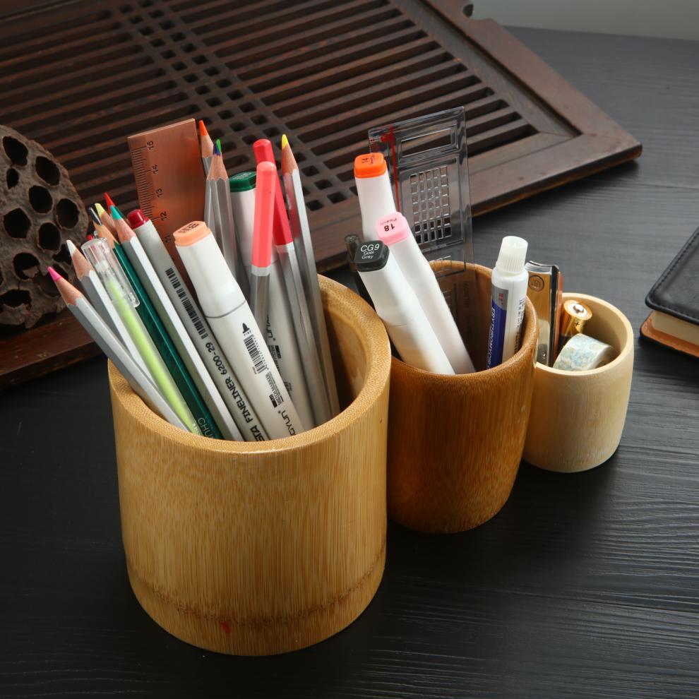 中式新中式竹笔筒分类连体收纳多功能大容量竹制笔筒套装圆形办公笔筒