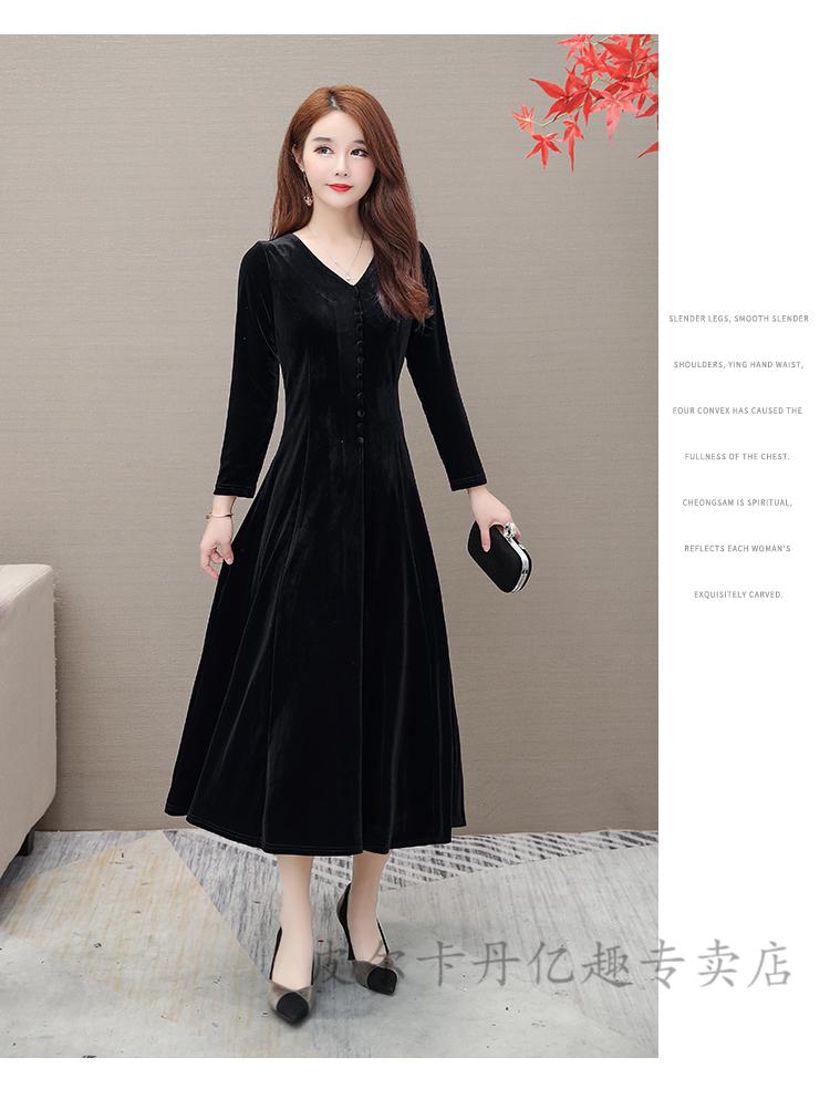 皮尔卡丹官方高档品牌女装2021大码女装金丝绒连衣裙女秋冬收腰显瘦