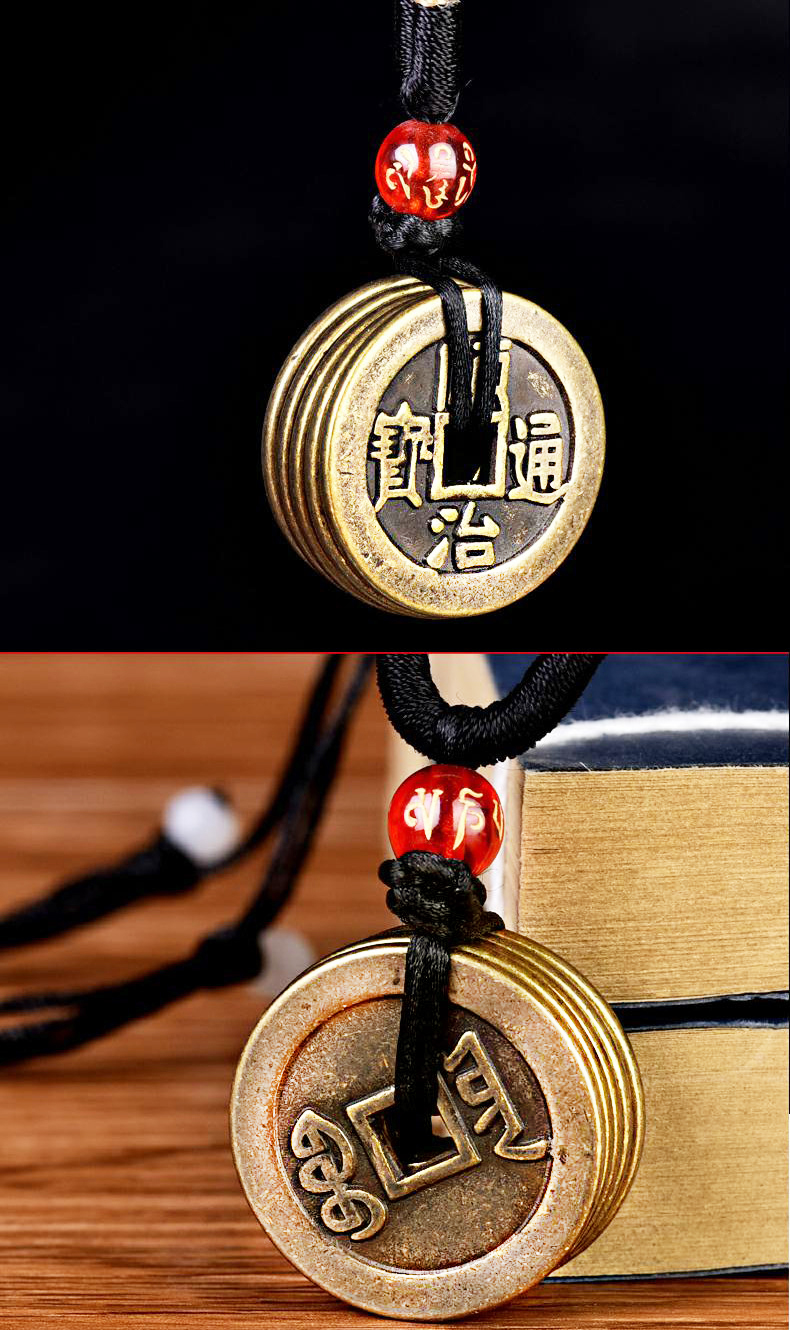 善心斋真品纯铜五帝钱项链吊坠加厚铜钱挂坠男女款随身佩戴携带个性