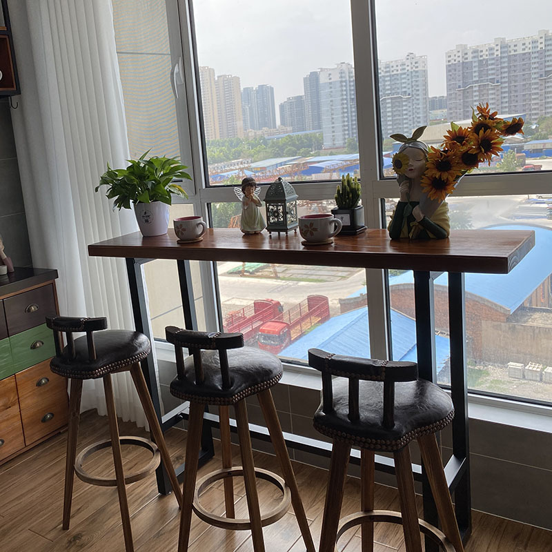 阳台吧台桌椅组合家用茶水吧台柜水吧台美式铁艺实木咖啡吊柜杯架