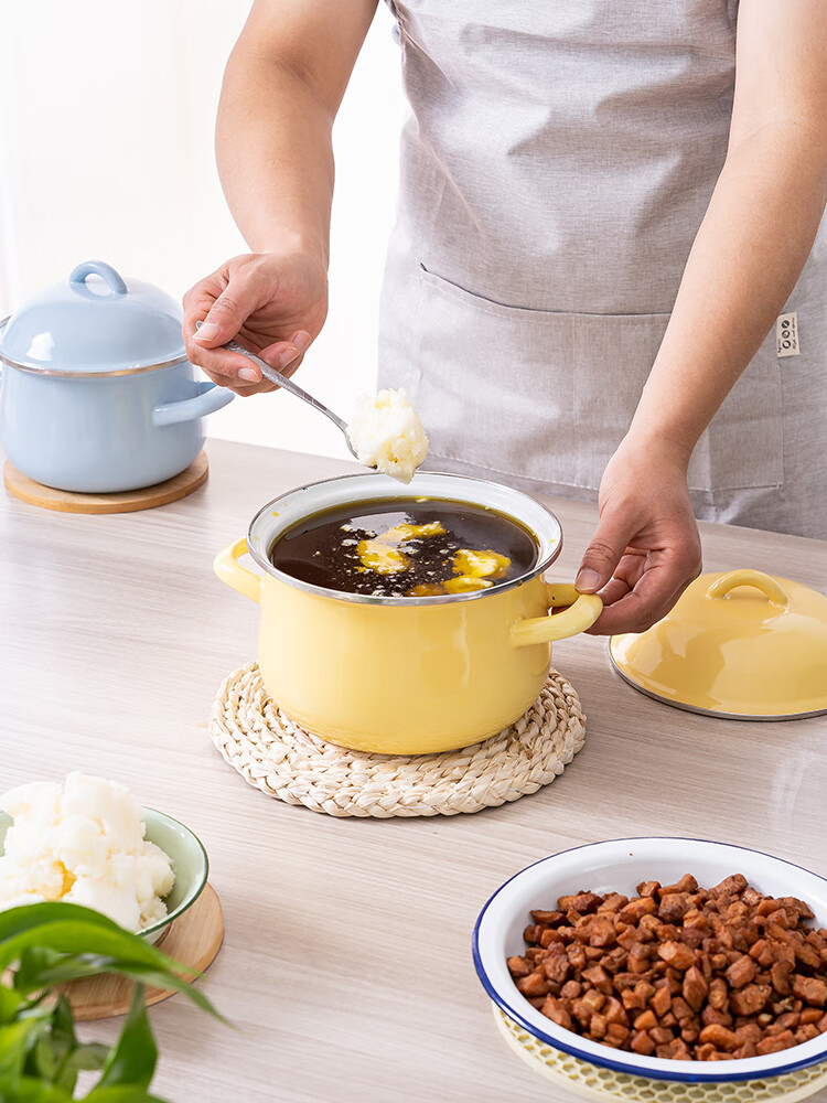 2022新款 搪瓷猪油罐老式家用猪油盆带盖瓷盆直接装热油加厚双耳荤油