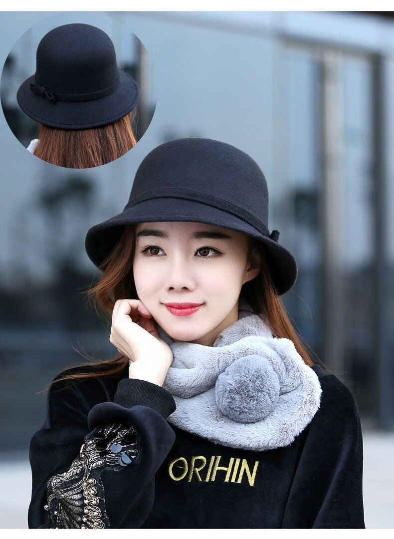 2021秋冬季帽子女礼帽时尚百搭大檐毛呢帽圆脸大脸显瘦潮圆顶盆帽毡帽