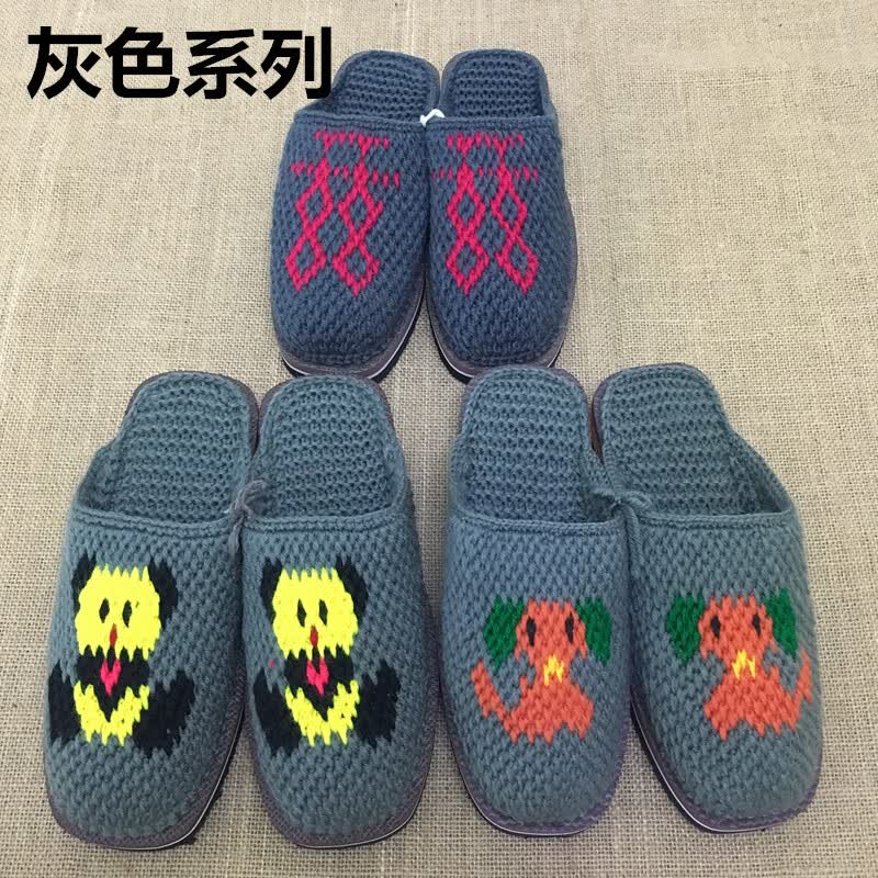 毛线拖鞋男冬季手工编织男拖钩中式婚嫁居防滑成品 粉红色 蝴蝶毛线拖