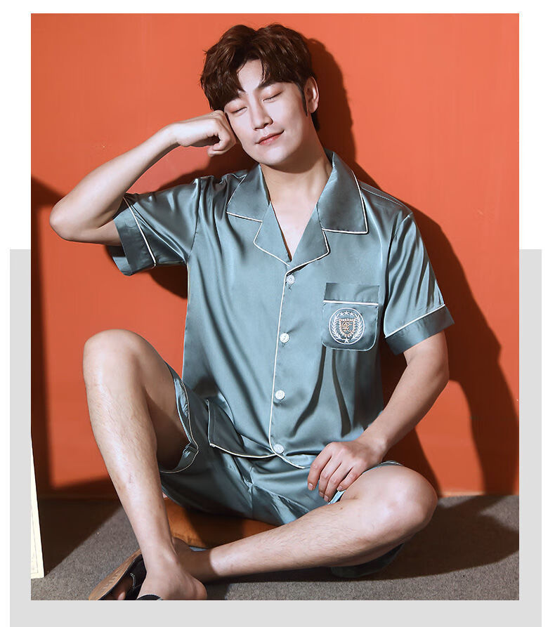 高品质男士冰丝睡衣套装2021夏季新款睡衣男丝绸开衫短袖短裤男士家居