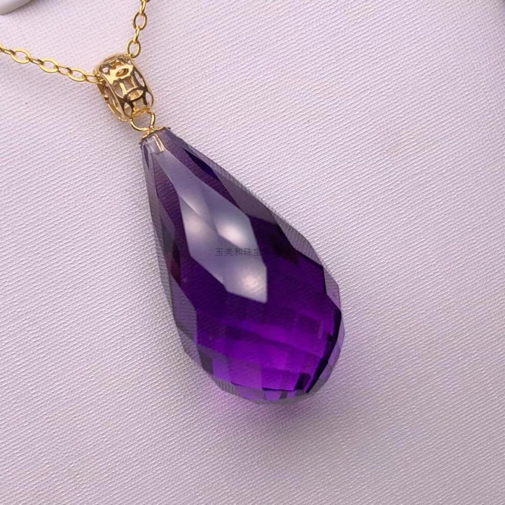 紫水晶吊坠k金紫水晶水滴锁骨链吊坠全净体巴西刻面紫水晶生日礼物