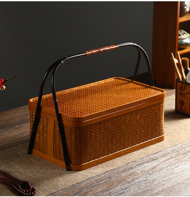 茶杯收纳盒 复古竹编提篮食盒双层带盖长方形手提茶箱功夫茶具收纳盒