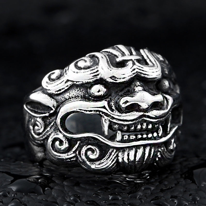 jeaesaen 简索 复古中国风饰品 钛钢潮流男士时尚戒指 护佑麒麟戒子