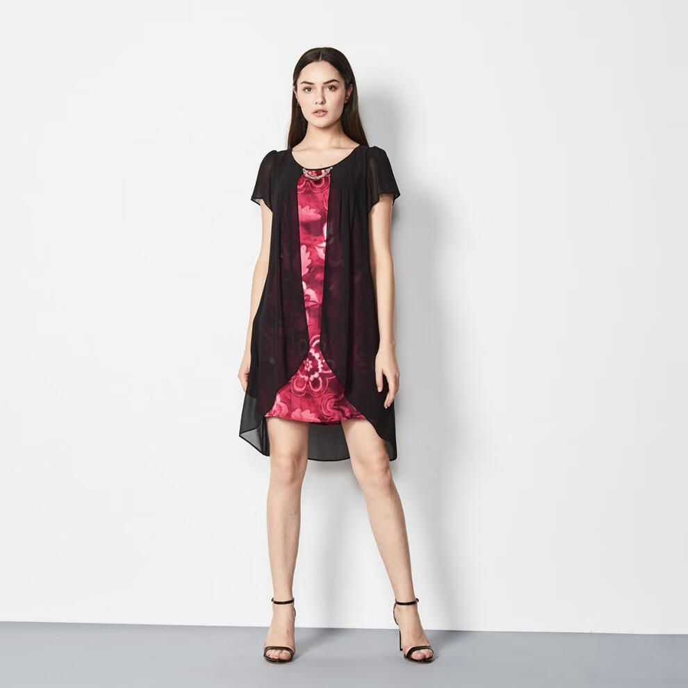 玫而美品牌女装印花meiermei专柜中长款连衣裙短袖假两件连身裙h5040