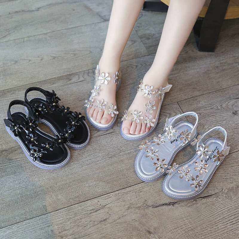 女童凉鞋花朵水晶公主鞋2022夏季新款小仙女防滑软底百搭凉鞋 黑色 内