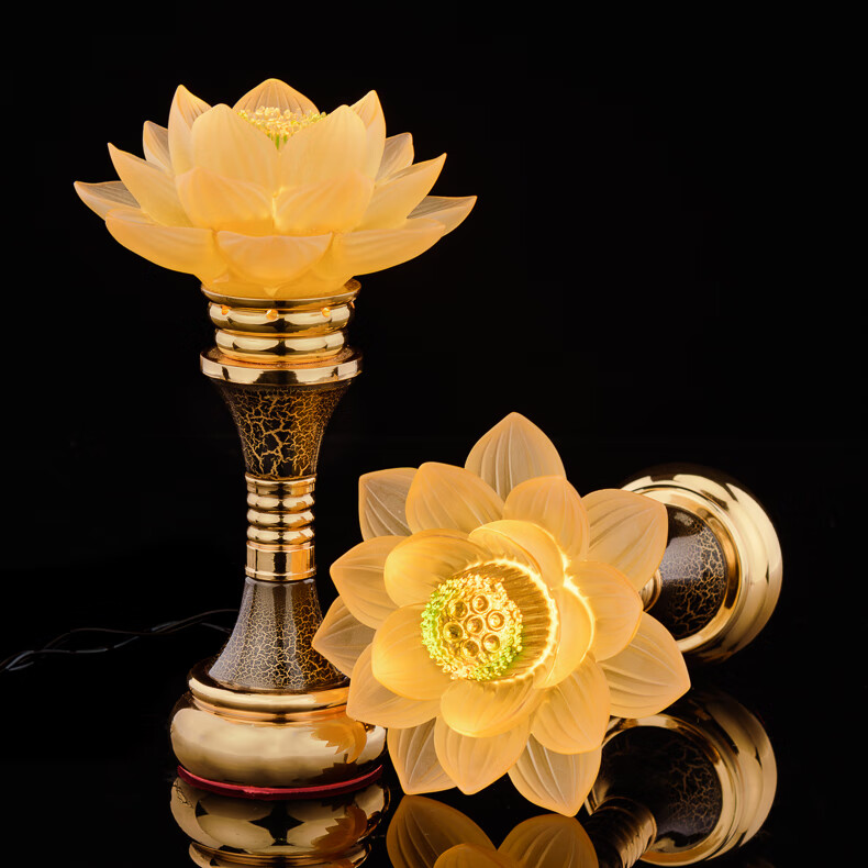 台湾盛凡莲花灯供佛灯鎏金黄铜琉璃七彩插电佛前供灯长明灯一对sw9