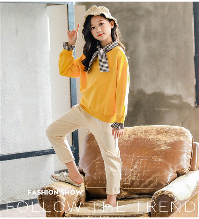 迪莎童话童装女童套装秋装3-12岁儿童秋装两件套韩版淑女装 黄色 130
