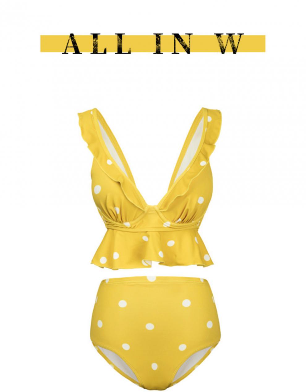 复古波点风-bikini极简高腰遮肚比基尼小胸大胸性感游泳衣女 黄色 m
