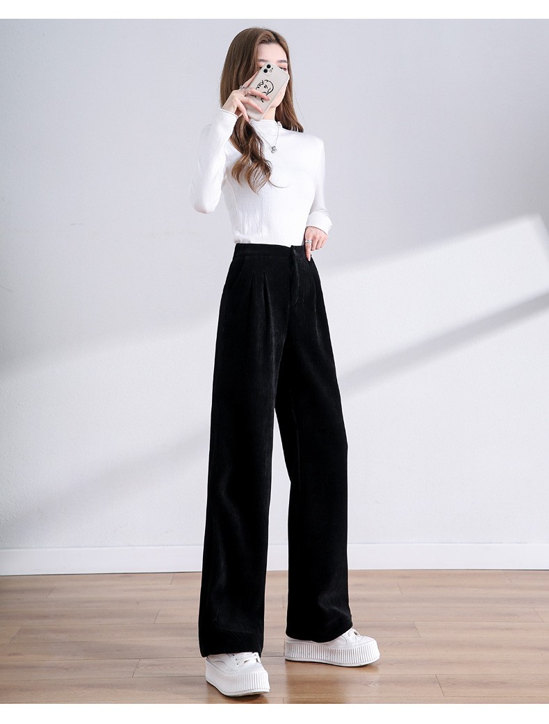 琪羽纯雪尼尔阔腿裤女春秋新款高腰垂感休闲直筒条绒拖地灯芯绒长裤子
