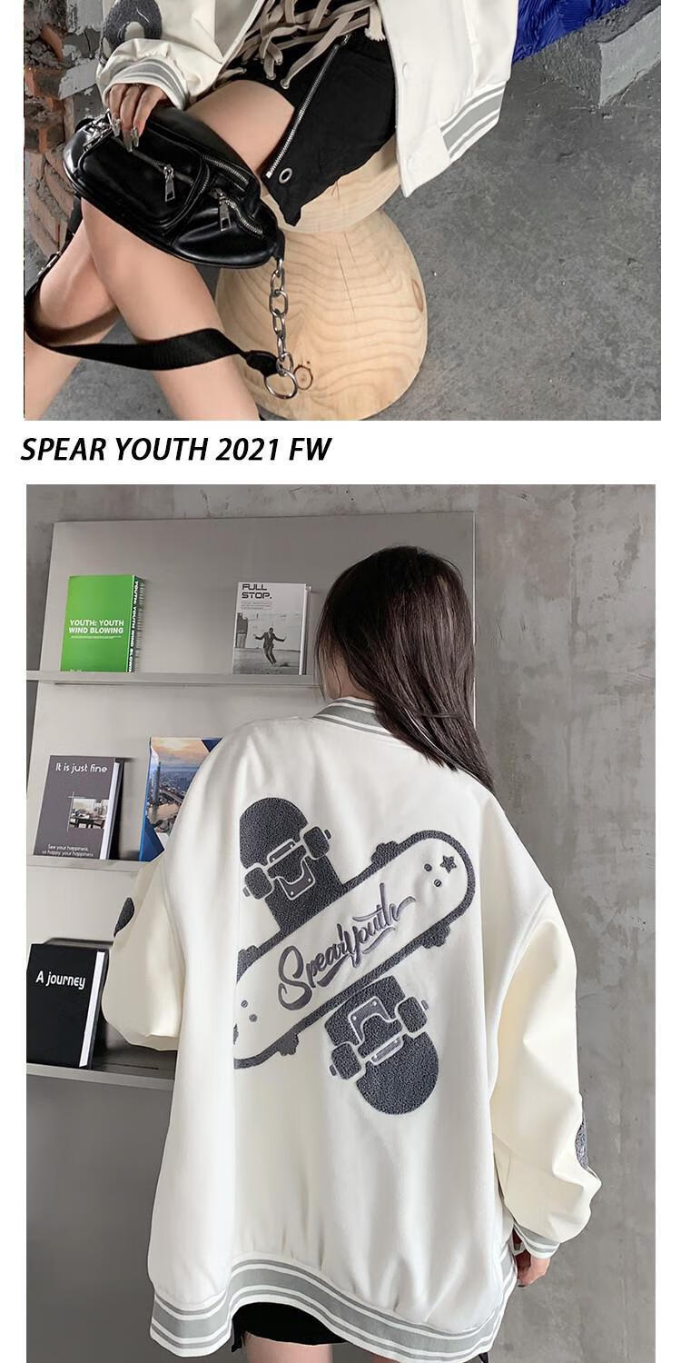 spear youth滑板棒球服夹克男女宽松毛呢拼接pu皮外套潮 裤子灰色 童