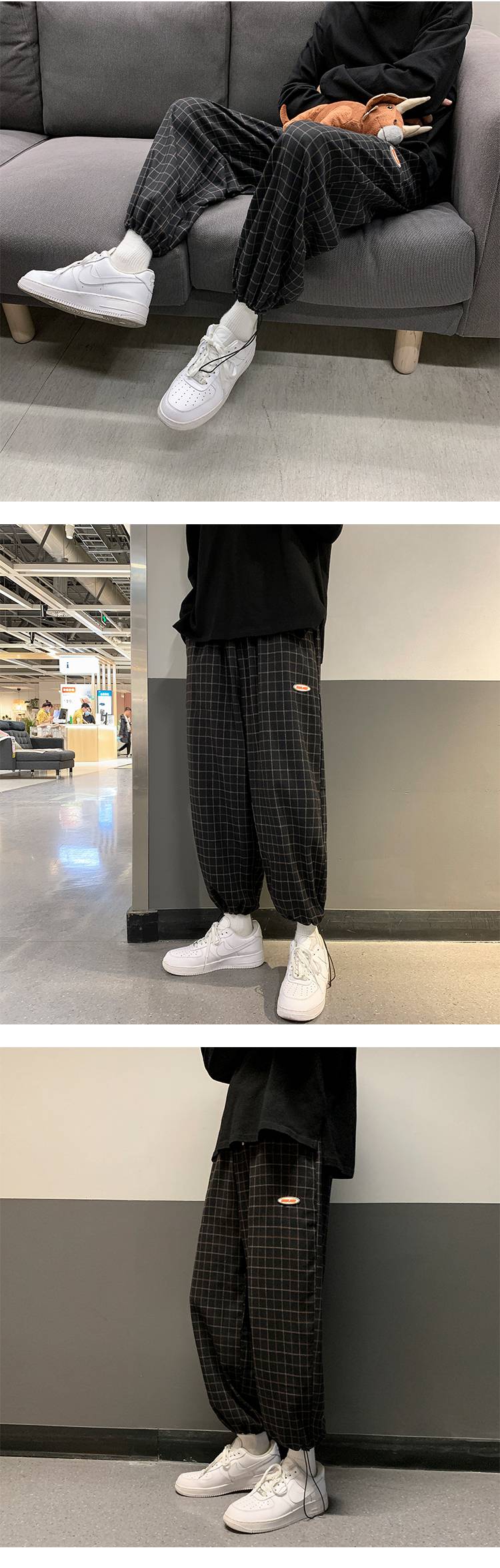 南极人格子裤男休闲裤子男韩版宽松百搭束脚裤ins网红帅气九分长裤